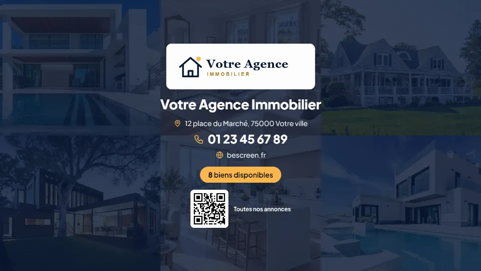Page agence avec logo, coordonnées et QR code, affichée entre deux annonces